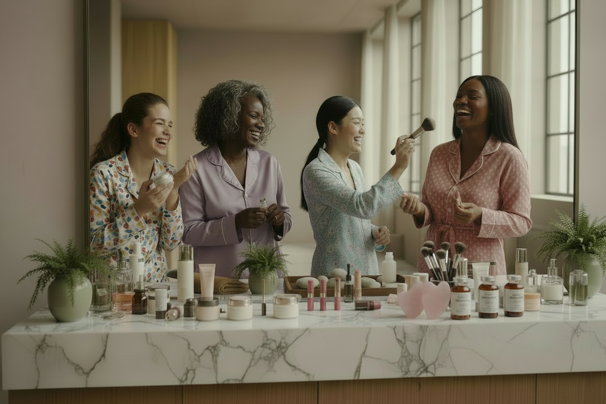 Four women in a bathroom setting, engaging with makeup products on a marble counter.
